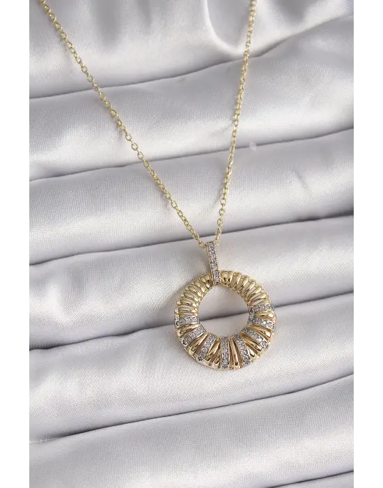  Altın  Zincir Gümüş Zirkon Taşlı Daire Model  Çelik Kolye