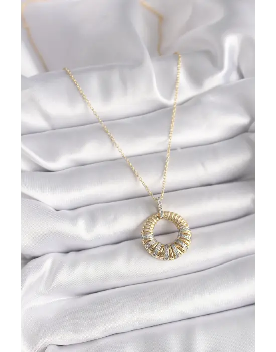 Altın  Zincir Gümüş Zirkon Taşlı Daire Model  Çelik Kolye