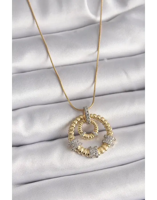  Altın  Zincir Gümüş Zirkon Taşlı Madalyon Model  Çelik Kolye