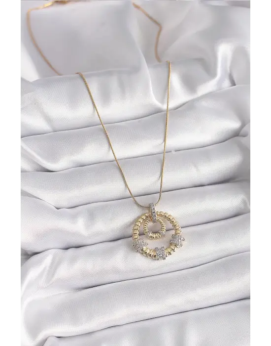  Altın  Zincir Gümüş Zirkon Taşlı Madalyon Model  Çelik Kolye