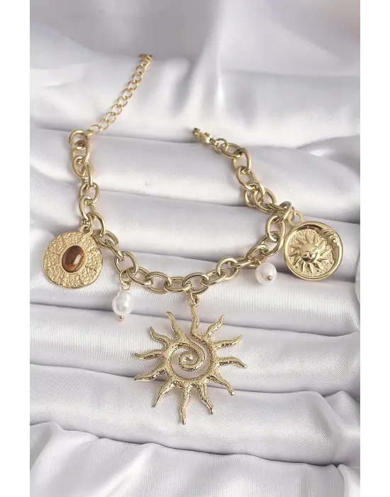 316L Çelik Gold Renk Zincir İnci Detay Güneş Model Kadın Bileklik