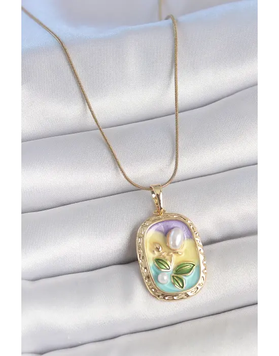 316L Çelik Gold Renk Zincir İncili Çiçek İşlemeli Portre Model Kadın Kolye