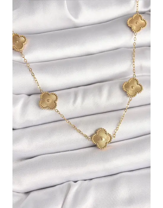 316L Çelik Gold Renk Zincir İşlemeli Yonca Model Kadın Kolye