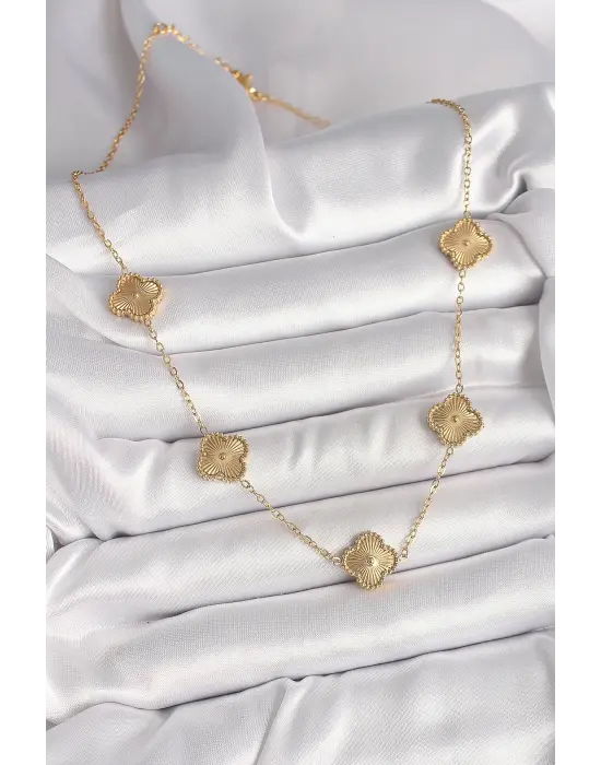 316L Çelik Gold Renk Zincir İşlemeli Yonca Model Kadın Kolye