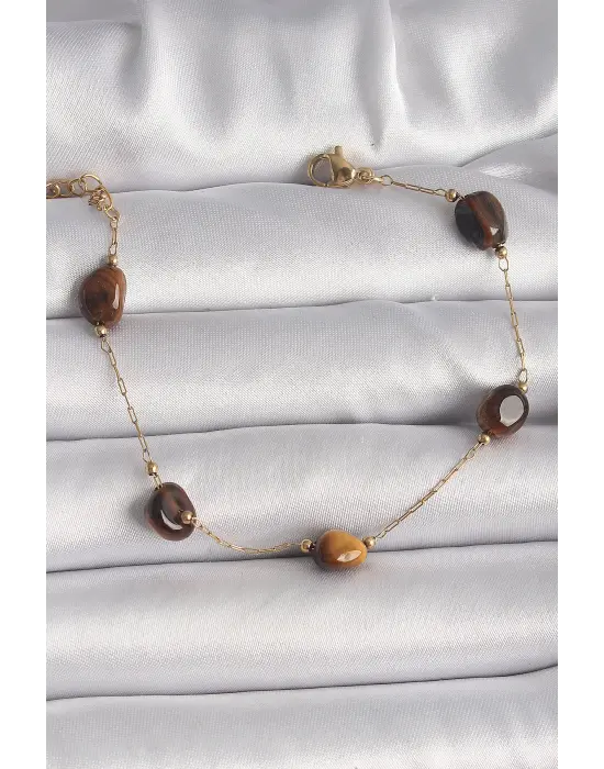 316L Çelik Gold Renk Zincir Kahverengi Doğaltaş Model Kadın Bileklik