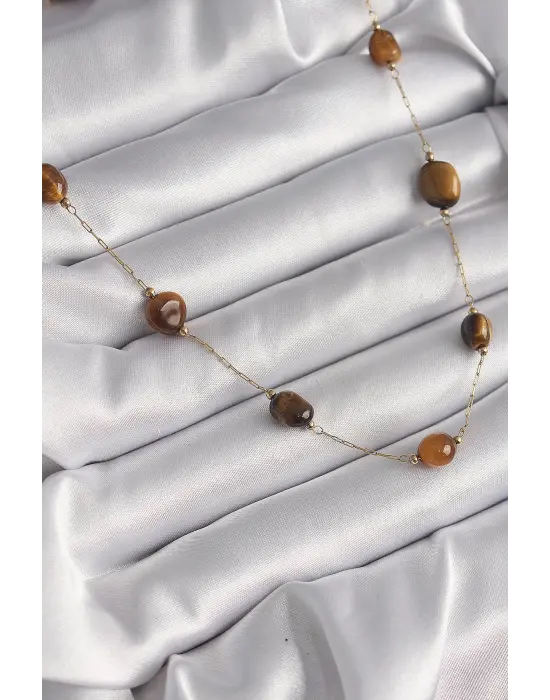  Altın  Zincir Kahvrengi Doğaltaş Model  Çelik Kolye
