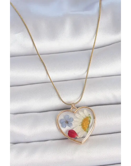 316L Çelik Gold Renk Zincir Kalp Epoksi Çiçek Model Kadın Kolye