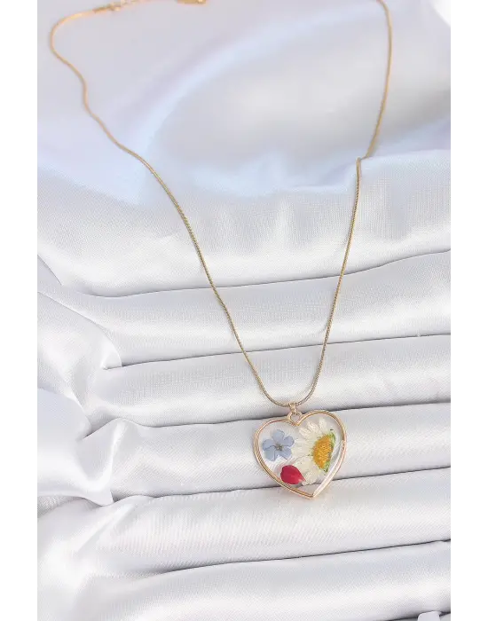 316L Çelik Gold Renk Zincir Kalp Epoksi Çiçek Model Kadın Kolye