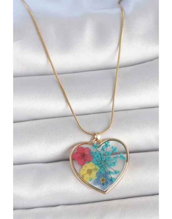316L Çelik Gold Renk Zincir Kalp Epoksi Renkli Çiçek Model Kadın Kolye
