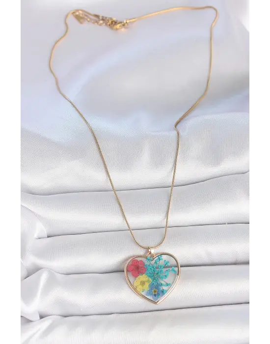 316L Çelik Gold Renk Zincir Kalp Epoksi Renkli Çiçek Model Kadın Kolye