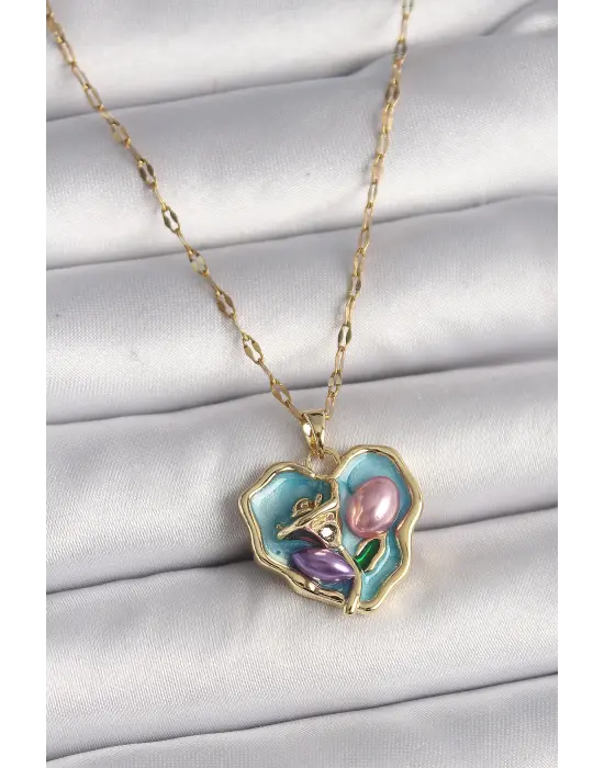  Altın  Zincir Kalp Gül Portre Model  Çelik Kolye