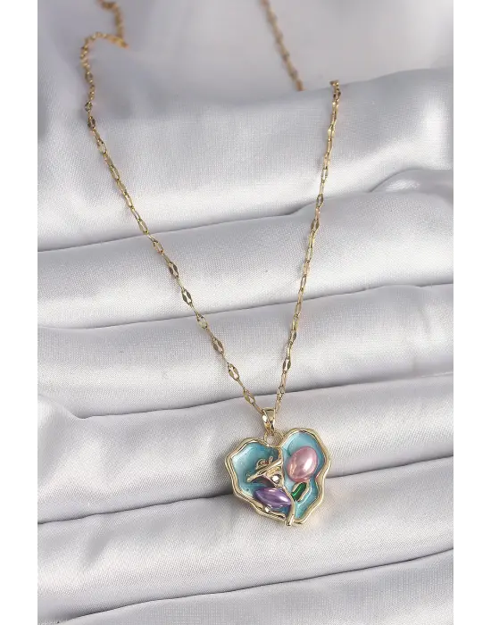  Altın  Zincir Kalp Gül Portre Model  Çelik Kolye