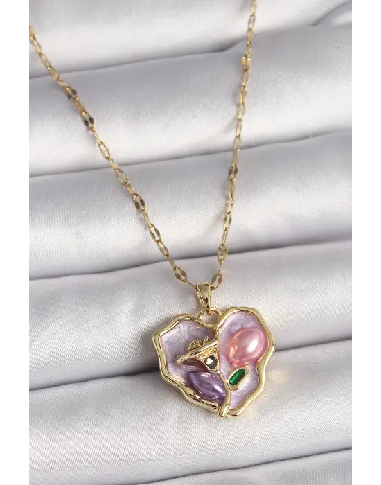  Altın  Zincir Kalp Mor Portre Gül İşleme  Çelik Kolye