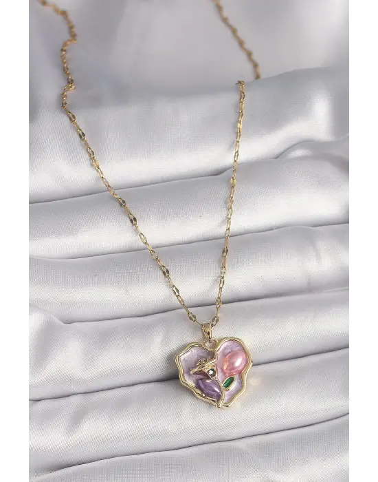  Altın  Zincir Kalp Mor Portre Gül İşleme  Çelik Kolye