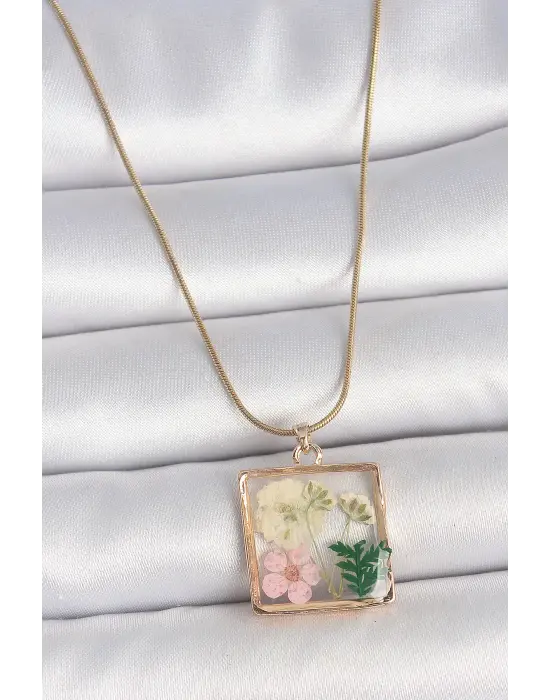 316L Çelik Gold Renk Zincir Kare Epoksi Çiçek Model Kadın Kolye
