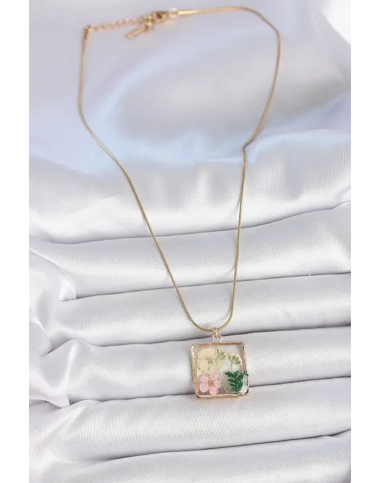 316L Çelik Gold Renk Zincir Kare Epoksi Çiçek Model Kadın Kolye