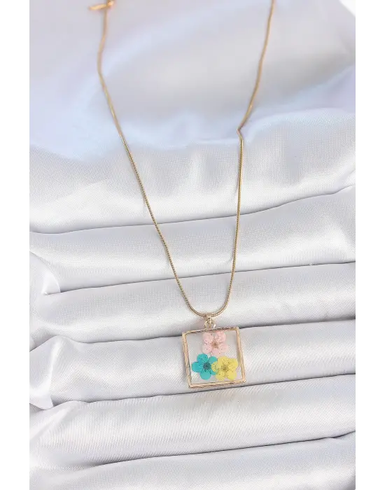 316L Çelik Gold Renk Zincir Kare Epoksi Renkli Çiçek Model Kadın Kolye