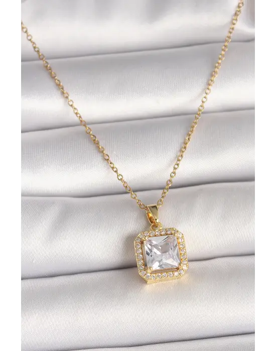 316L Çelik Gold Renk Zincir Kare Zirkon Taşlı Model Kadın Kolye