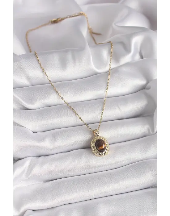  Altın  Zincir Kehribar Boncuk Model  Çelik Kolye