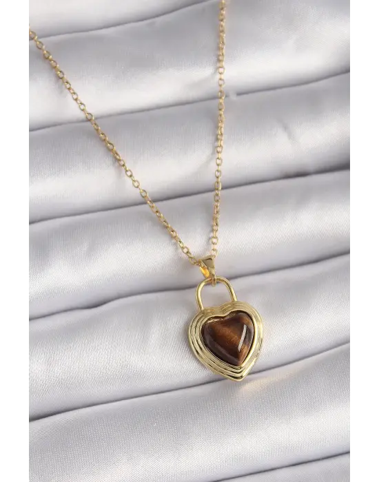  Altın  Zincir Kilit Kalp Kehribar Boncuk Model  Çelik Kolye