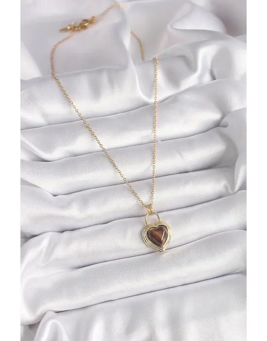  Altın  Zincir Kilit Kalp Kehribar Boncuk Model  Çelik Kolye