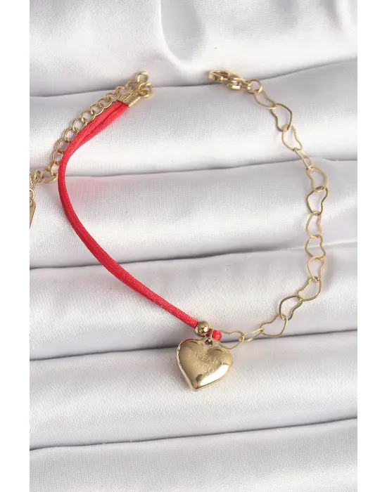 316L Çelik Gold Renk Zincir Kırmızı İp Model Sallantı Kalp Figür İşleme Detaylı Kadın Bileklik