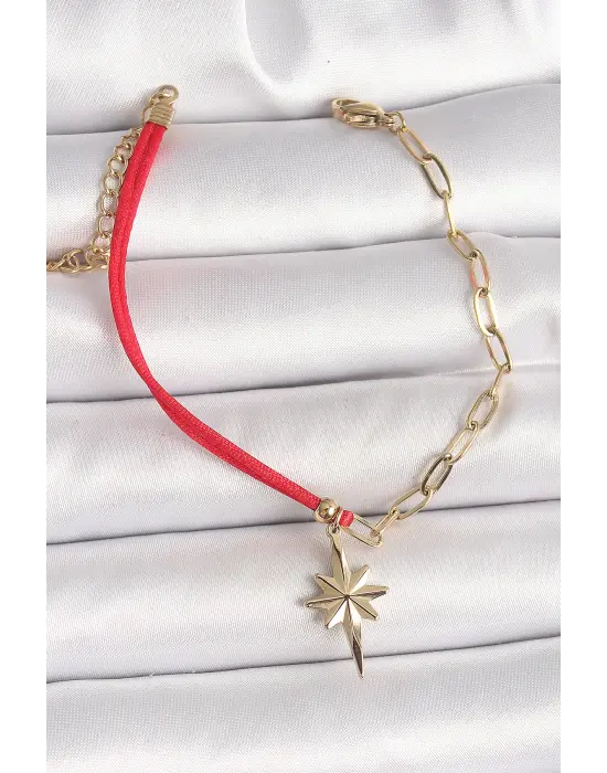 316L Çelik Gold Renk Zincir Kırmızı İp Model Sallantı Kutup Yıldız Figür Kadın Bileklik