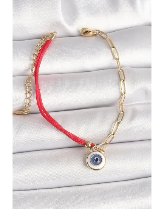 316L Çelik Gold Renk Zincir Kırmızı İp Model Sallantı Nazar Boncuk Figür Kadın Bileklik