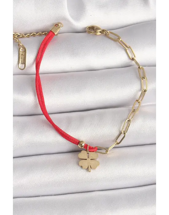 316L Çelik Gold Renk Zincir Kırmızı İp Model Sallantı Yonca Figür Kadın Bileklik