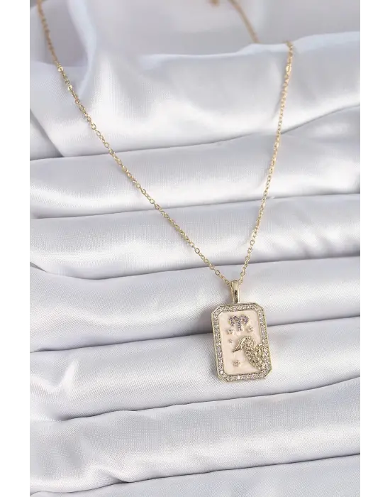  Altın  Zincir Koç Burcu Zirkon Taşlı  Çelik Kolye