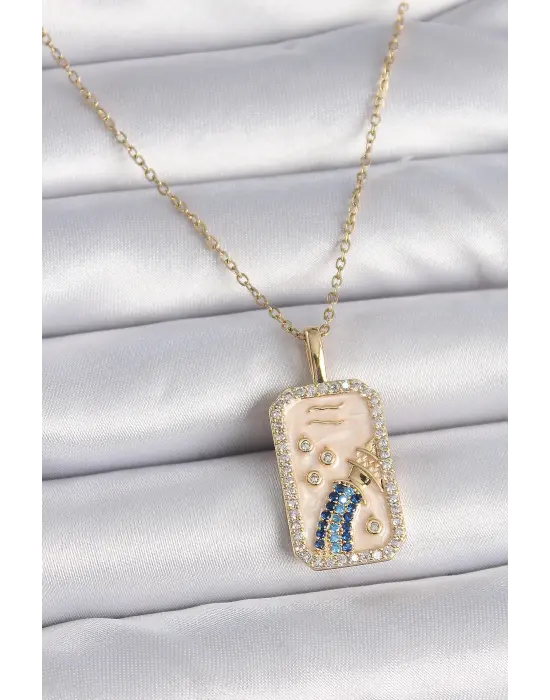  Altın  Zincir Kova Burcu Zirkon Taşlı  Çelik Kolye