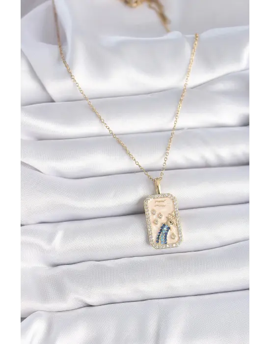  Altın  Zincir Kova Burcu Zirkon Taşlı  Çelik Kolye