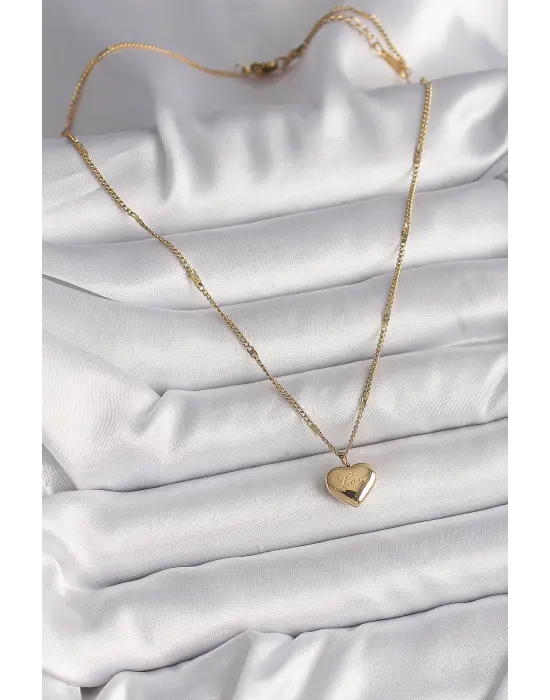  Altın  Zincir Love İşlemeli Kalp Figür  Çelik Kolye