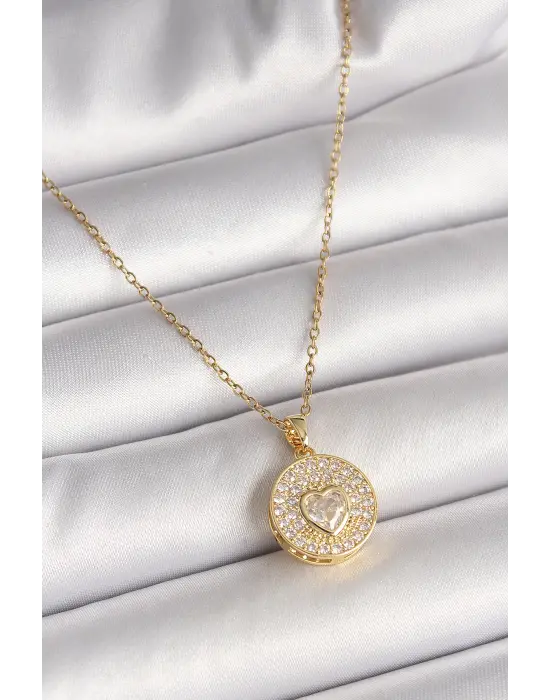316L Çelik Gold Renk Zincir Madalyon Zirkon Taşlı Kalp Model Kadın Kolye