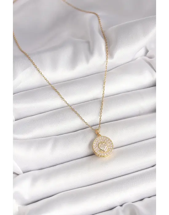 316L Çelik Gold Renk Zincir Madalyon Zirkon Taşlı Kalp Model Kadın Kolye
