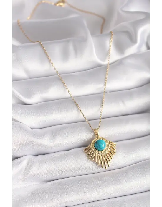  Altın  Zincir Mavi Boncuk Güneş Model  Çelik Kolye