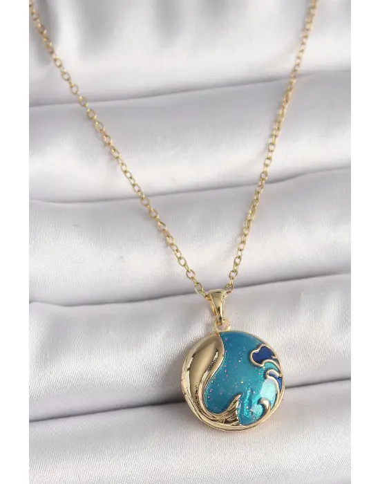  Altın  Zincir Mavi Dünya Model  Çelik Kolye