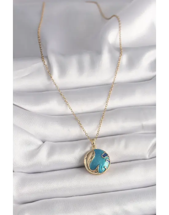  Altın  Zincir Mavi Dünya Model  Çelik Kolye