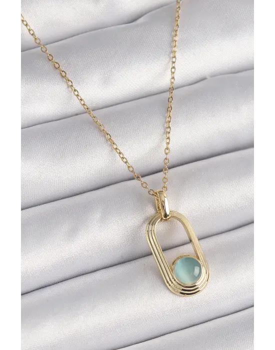  Altın  Zincir Mavi Kedi Göz Model  Çelik Kolye