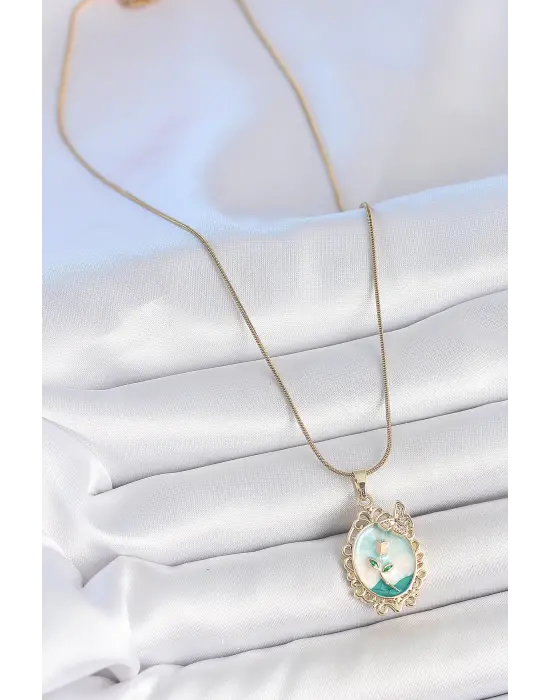 316L Çelik Gold Renk Zincir Mavi Mineli Çiçek İşlemeli Zirkon Taş Detaylı Portre Model Kadın Kolye