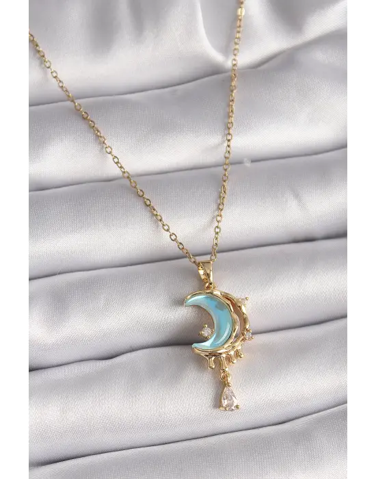  Altın  Zincir Mavi Mineli Hilal Model Sallantı Zirkon Taş Detay  Çelik Kolye