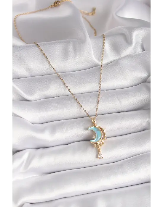  Altın  Zincir Mavi Mineli Hilal Model Sallantı Zirkon Taş Detay  Çelik Kolye