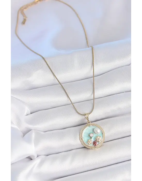 316L Çelik Gold Renk Zincir Mavi Mineli İnci Çiçek İşlemeli Zirkon Taş Detaylı Madalyon Model Kadın Kolye