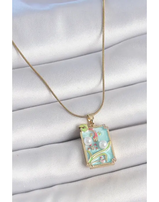 316L Çelik Gold Renk Zincir Mavi Mineli İncili Çiçek İşlemeli Portre Model Kadın Kolye