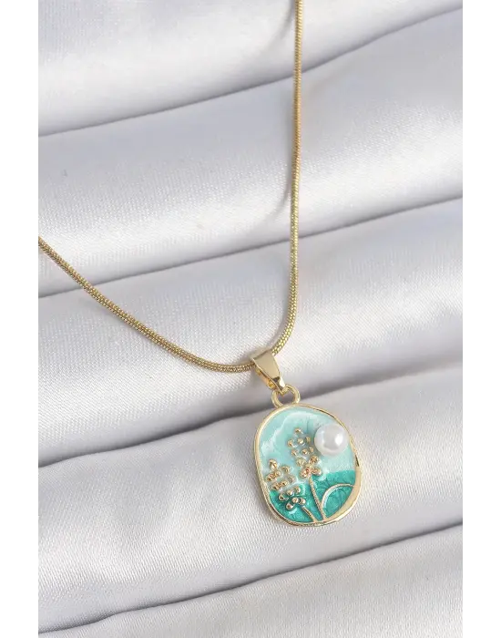 316L Çelik Gold Renk Zincir Mavi Mineli İncili Çiçek İşlemeli Portre Model Kadın Kolye