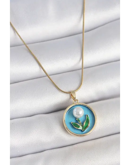 316L Çelik Gold Renk Zincir Mavi Mineli İncili Çiçek İşlemeli Portre Model Kadın Kolye