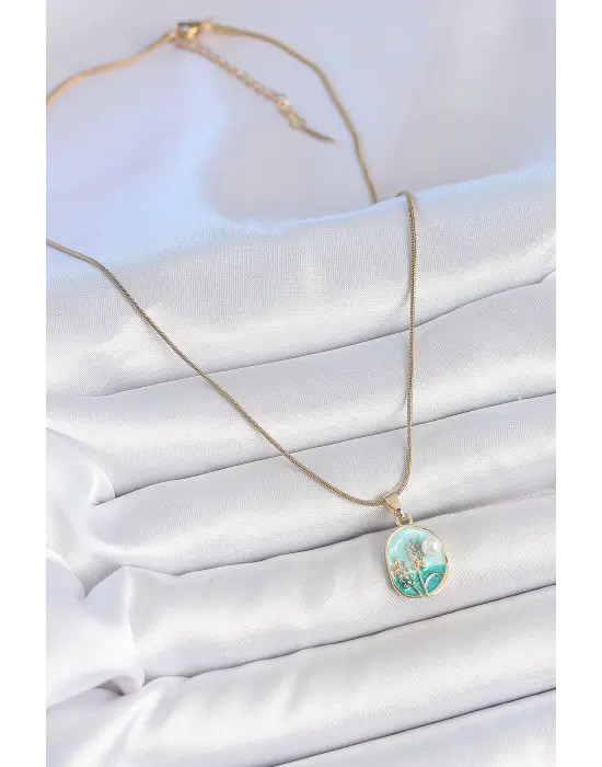 316L Çelik Gold Renk Zincir Mavi Mineli İncili Çiçek İşlemeli Portre Model Kadın Kolye