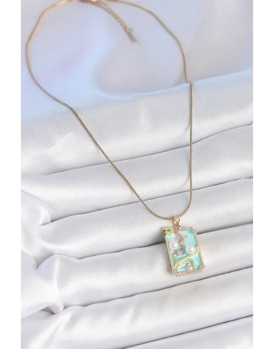 316L Çelik Gold Renk Zincir Mavi Mineli İncili Çiçek İşlemeli Portre Model Kadın Kolye