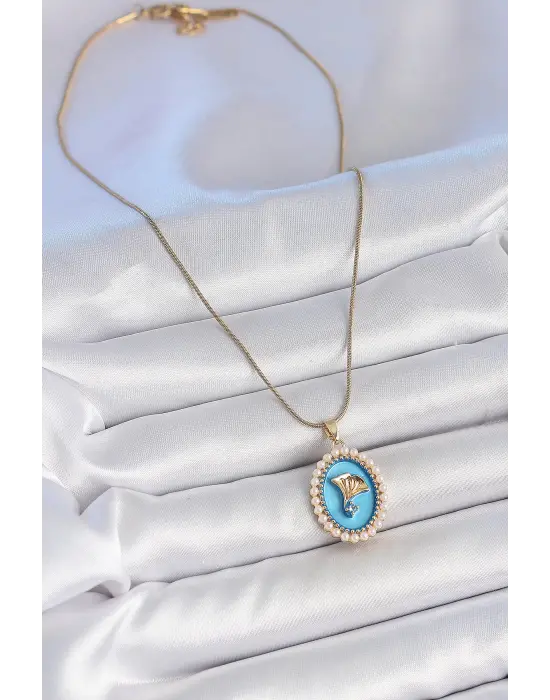 316L Çelik Gold Renk Zincir Mavi Mineli İncili Zirkon Taşlı Çiçek İşlemeli Portre Model Kadın Kolye