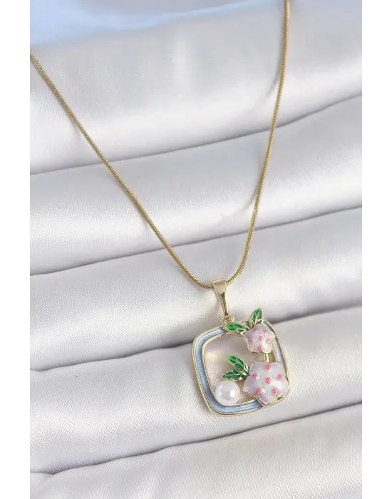 316L Çelik Gold Renk Zincir Mavi Mineli Kare Model Çiçek İşlemeli İnci Detay Kadın Kolye